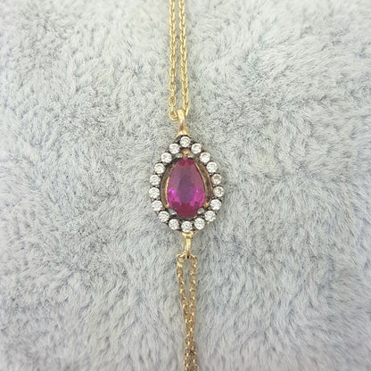 14K Real Solid Gold Tear Drop Design with RED and White Zirconia Stones Halo Elegant Dainty Bracelet