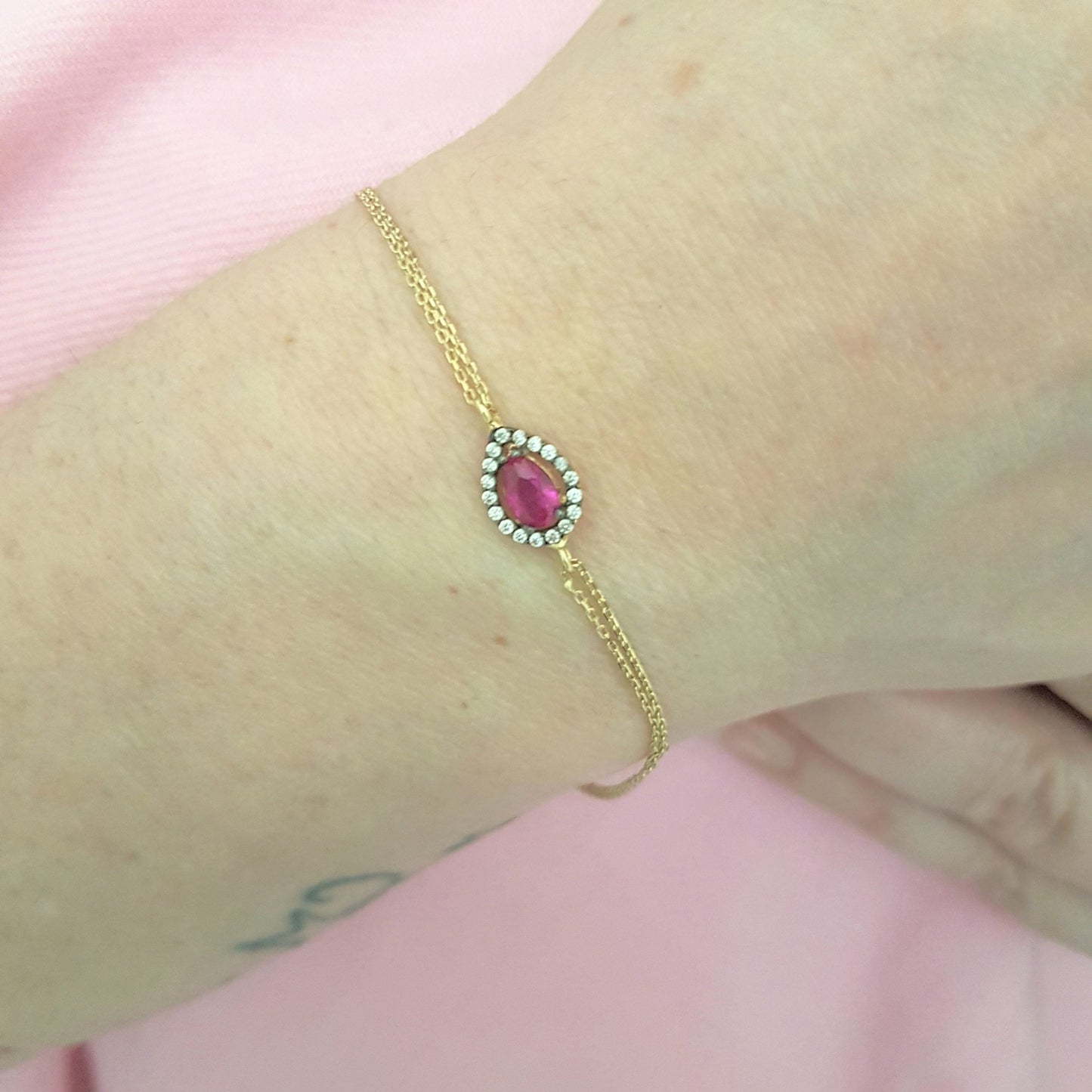 14K Real Solid Gold Ruby Bracelet for Women , Gift for Her , Dainty Gold Teardrop Bracelet , July Birthstone Bracelet , Christmas Gift