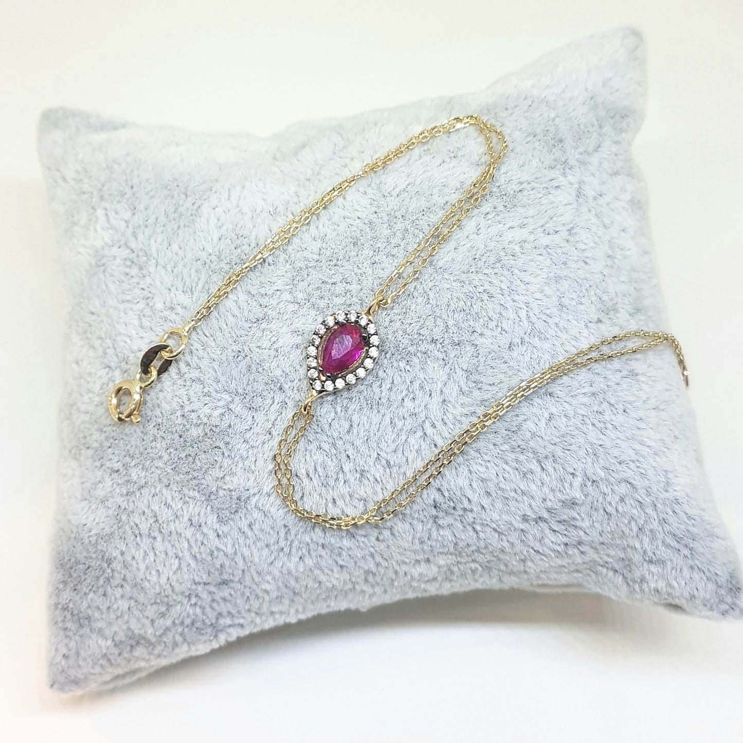 14K Real Solid Gold Tear Drop Design with RED and White Zirconia Stones Halo Elegant Dainty Delicate Charm Cute Trendy Bracelet best birthday gift for women Jewelry Mother Girl Grandma