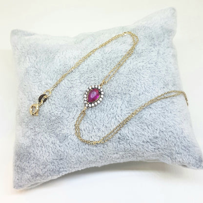 14K Real Solid Gold Tear Drop Design with RED and White Zirconia Stones Halo Elegant Dainty Delicate Charm Cute Trendy Bracelet best birthday gift for women Jewelry Mother Girl Grandma