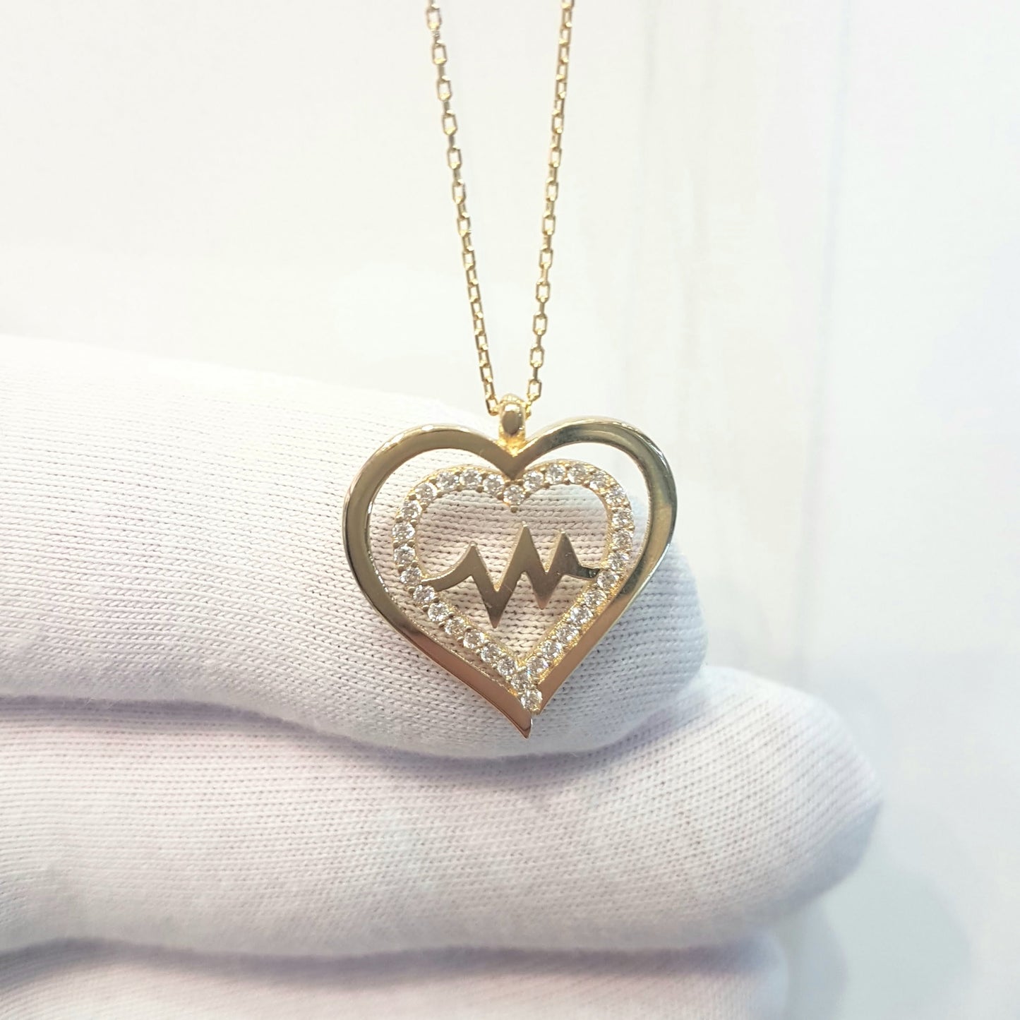 14K Gold Double Heart Love Lifeline Pulse EKG Heartbeat Pendant Necklace Decorated with Zirconia Stones Charm Elegant Dainty Birthday Valentine Christmas Gift For Women Jewelry