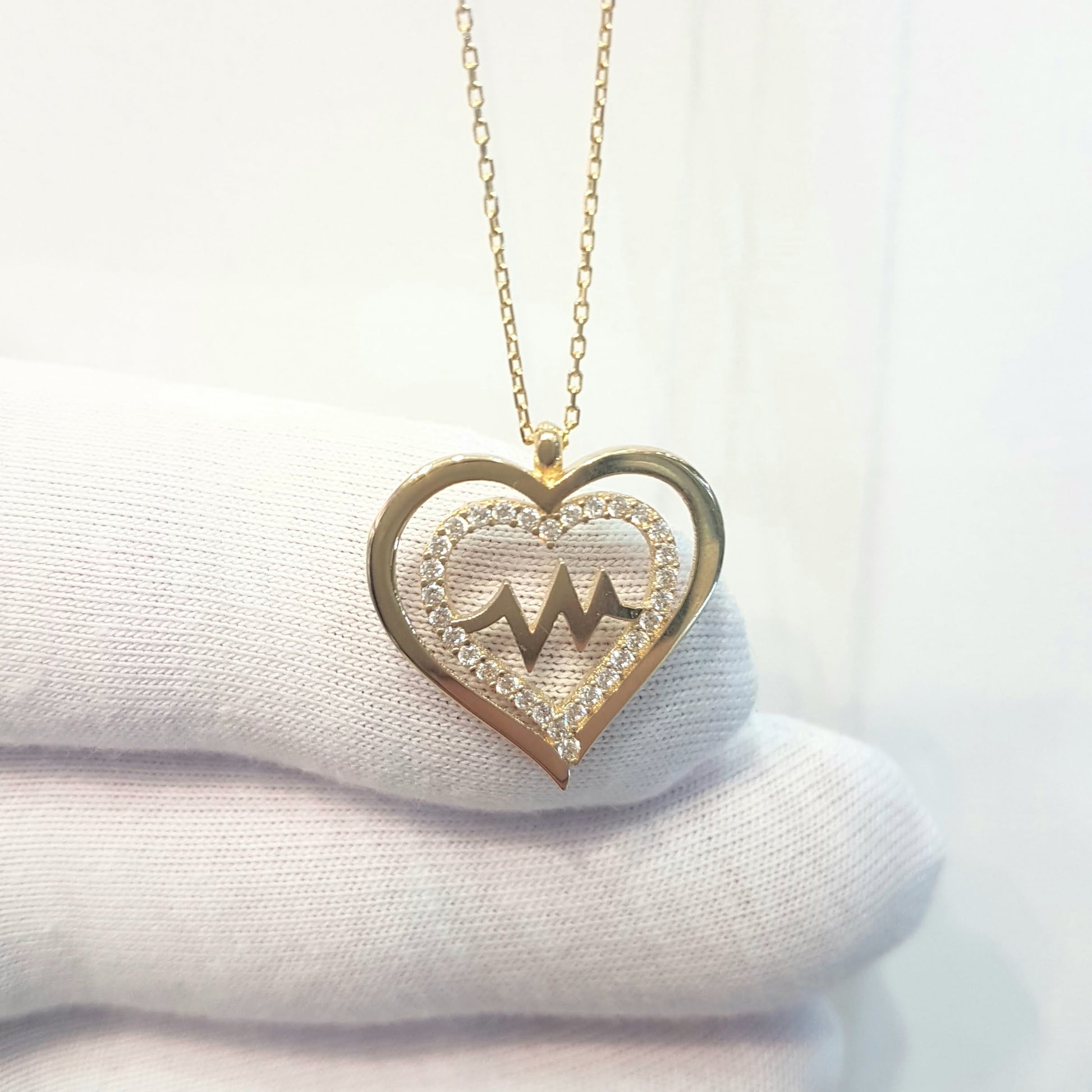 14K Gold Double Heart Love Lifeline Pulse EKG Heartbeat Pendant Necklace Decorated with Zirconia Stones Charm Elegant Dainty Birthday Valentine Christmas Gift For Women Jewelry