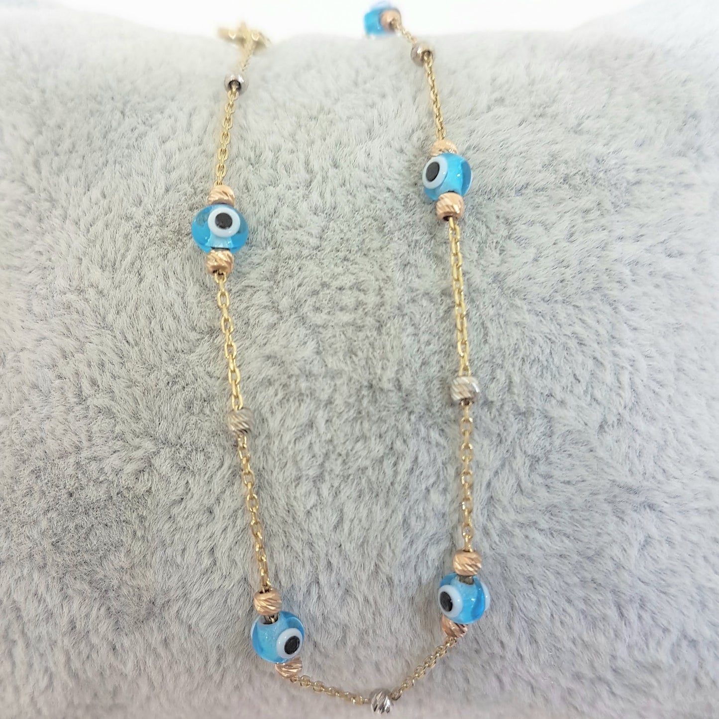 14K Real Solid Gold Lucky Blue Evil Eye and Italian Balls Design Tiny Cute Dainty Delicate Elegant Trendy Bracelet best gift for Women Jewelry yourself, birthday Nazar