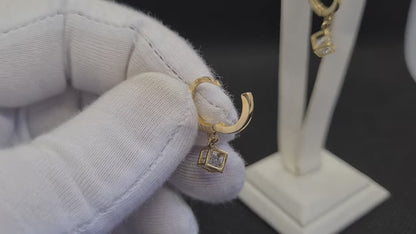 14K Real Solid Gold Dangle Drop Hoop Cube Earrings for Women