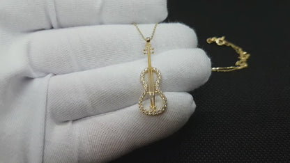 14K Real Solid Gold Violin Bass Guitar Necklace for Women