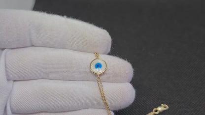 14K Real Solid Gold Evil Eye Mother of Pearl Bracelet for Women
