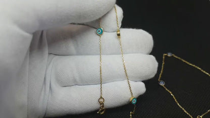 14K Real Solid Gold Navy Blue or Turquoise Trio Evil Eye Bracelet For Women