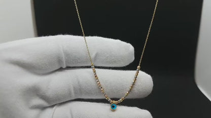 14K Real Solid Gold Two Sided Evil Eye Necklace with Beaded Balls