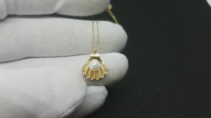 14K Real Solid Gold Seashell Pearl Necklace for Women