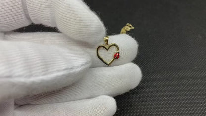 14K Real Solid Gold Heart Pendant Necklace with Ladybug