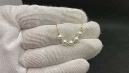 14K Real Solid Gold Beaded Ball and 5 Pearl Necklace for Women