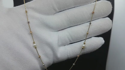 14K Real Solid Gold Beaded Pearls and Italian Balls Necklace for Women