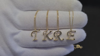 14K Real Solid Gold CZ Custom Letter Initial Necklace for Women