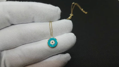 14K Real Solid Yellow Gold Evil Eye Necklace For Women