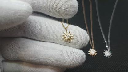 14K Real Solid Gold Sun Necklace for Women