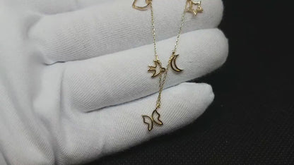 14K Real Solid Gold Charm Bracelet for Women with Butterfly Star Moon Heart Swallow Pieces