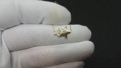 14K Real Solid Gold Two Star Necklace | Double Star Pendant for Women