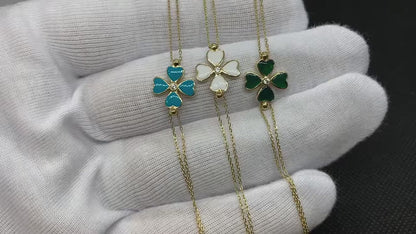 14K Real Solid Gold Four Leaf Clover Bracelet for Women