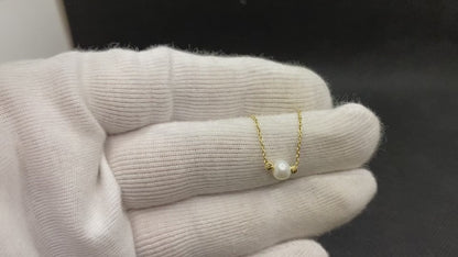 14K Real Solid Gold Single Beaded Ball and Pearl Necklace for Women