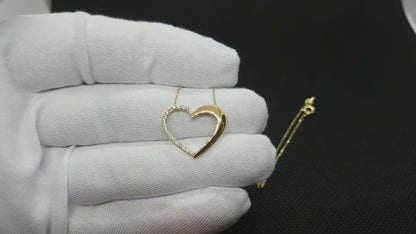 14K Real Solid Gold Open Heart Necklace Half Decorated with Cubic Zirconia Stones