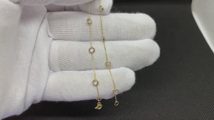 14K Real Solid Gold Bezel Stone Station Bracelet for Women