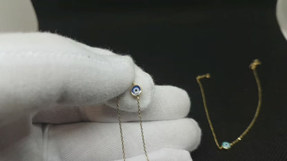 14K Real Yellow Solid Gold Evil Eye Bracelet For Women