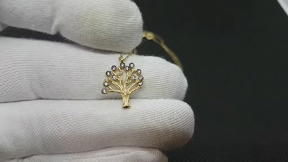 14K Real Solid Gold CZ Family Tree of Life Necklace for Women