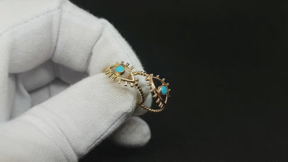 14K Real Solid Gold Turquoise Evil Eye Ring For Women