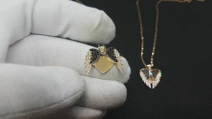 14K Real Solid Gold Elegant Double Angel Wings and Heart Personalized Pendant Necklace for Women