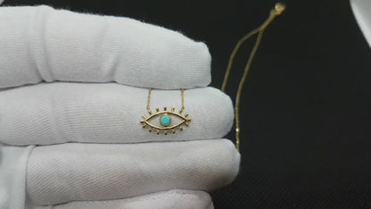 14K Real Solid Gold Turquoise Evil Eye Necklace For Women