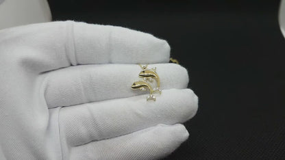 14K Real Solid Gold Double Dolphin Necklace for Women