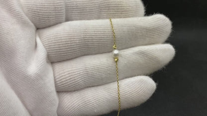 14K Real Solid Gold Beaded Italian Balls and Single Pearl Bracelet for Women