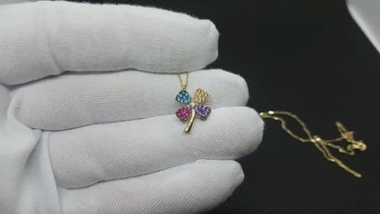 14K Real Solid Gold CZ Four Leaf Clover Necklace for Good Luck
