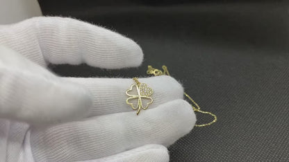 14K Real Solid Gold CZ Four Leaf Clover Necklace for Women