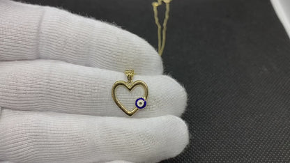14K Real Solid Gold Heart Necklace with Evil Eye