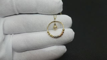 14K Real Solid Gold Circle With Itallian Balls and Swinging Cubic Zirconia Stone Necklace for Women