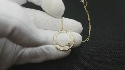 14K Real Solid Gold Two Ring Pendant Necklace with Balls