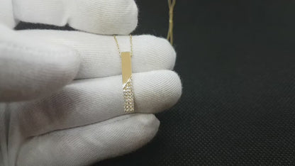 14K Real Solid Gold CZ Vertical Bar Necklace for Women