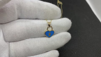 14K Real Solid Gold Blue Heart Necklace with Keyhole
