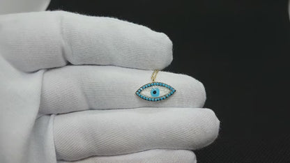 14K Real Solid Gold Evil Eye Mother of Pearl Necklace for Women