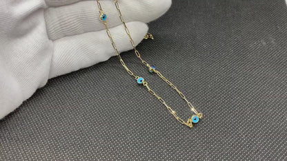 14K Real Solid Gold Beaded Evil Eye Necklace with Paperclip Chain