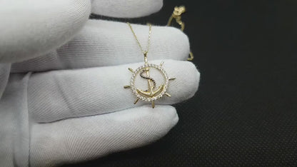 14K Real Solid Gold Anchor Ship Wheel Nautical Pendant Necklace for Women