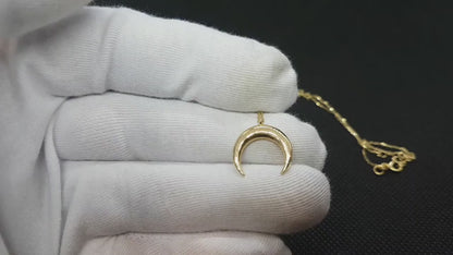 14K Real Solid Gold Crescent Double Horn Moon Pendant Necklace for Women