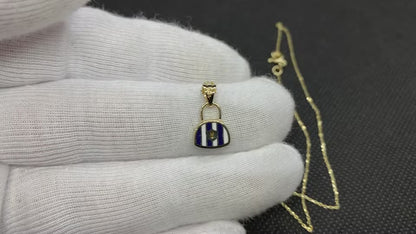 14K Real Solid Gold Handbag Necklace for Women - Navy Blue