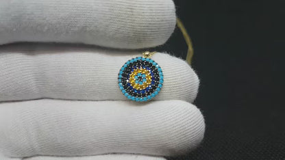 14K Real Solid Gold Round Evil Eye Pendant Necklace for Women