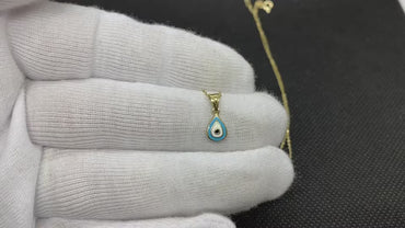 14K Real Solid Yellow Gold Teardrop Evil Eye Necklace for Women