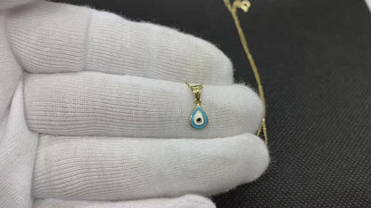 14K Real Solid Yellow Gold Teardrop Evil Eye Necklace for Women