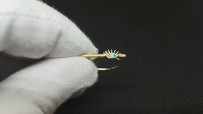 14K Real Solid Gold Eyelash Turquoise Long Bar Ring for Women