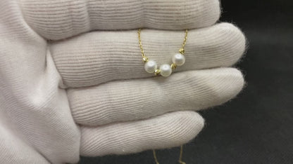 14K Real Solid Gold Trio Beaded Ball and Pearl Necklace for Women