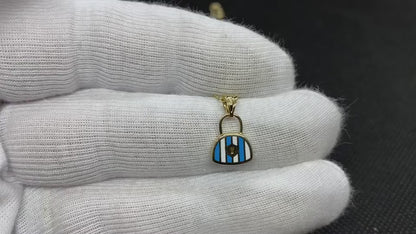 14K Real Solid Gold Handbag Pendant Necklace for Women - Turquoise